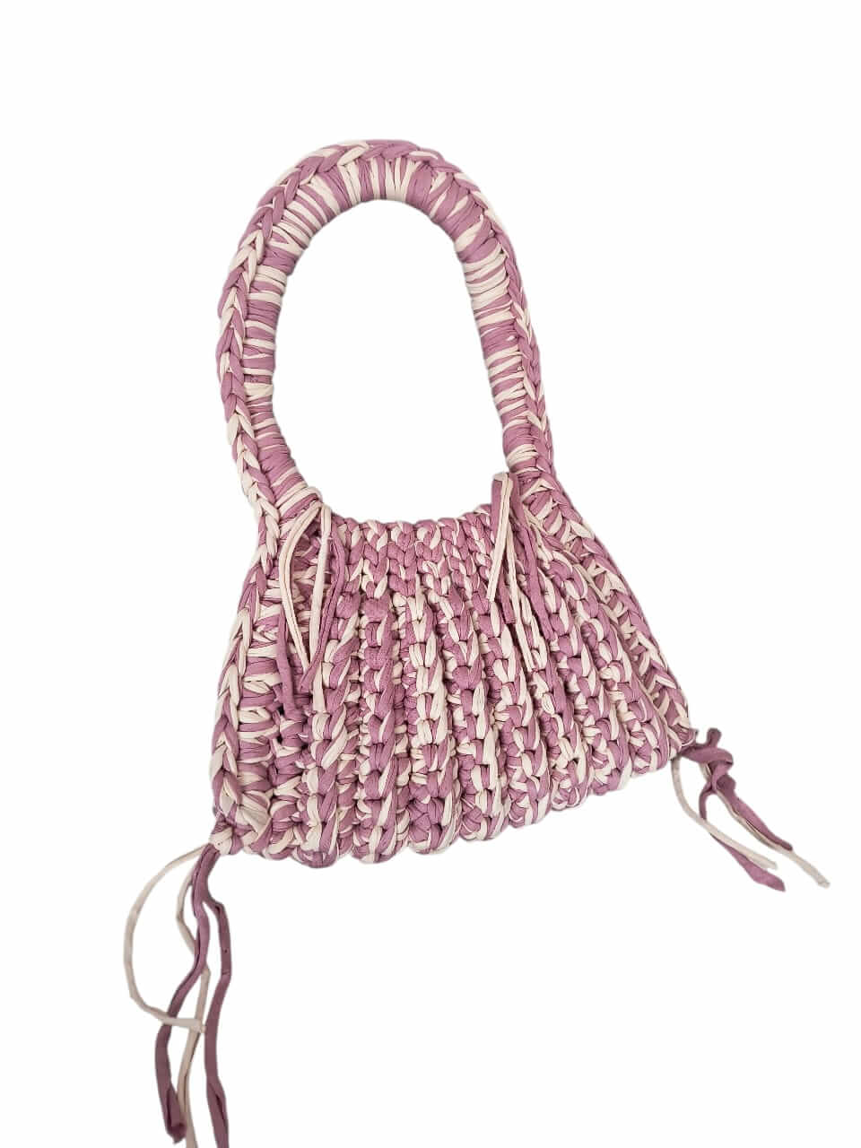 Πλεκτή χειροποίητη τσάντα Μακό Ροζ-Εκρού