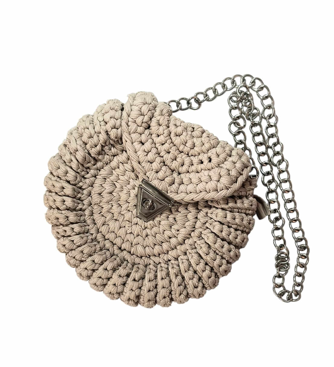 Πλεκτή χειροποίητη μακό τσάντα μπεζ στρογυλλή